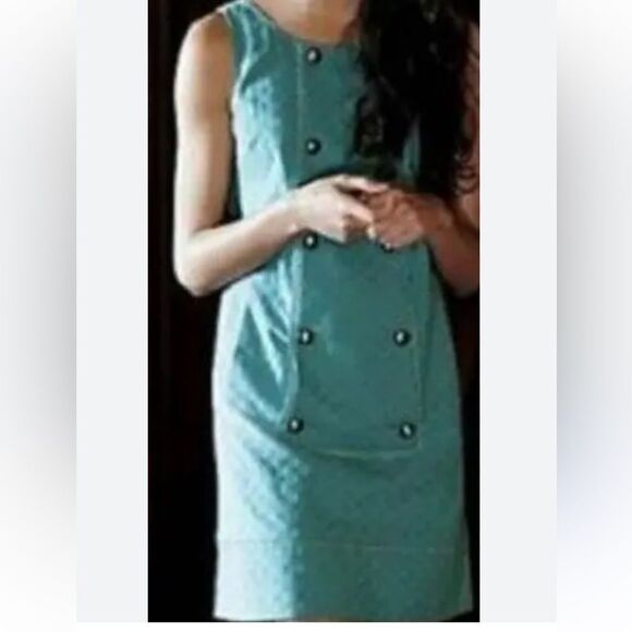 Anthropologie maeve Aqua Carrillo Shift Dress  retro Teal Textured Sleeveless  2 - Picture 7 of 7